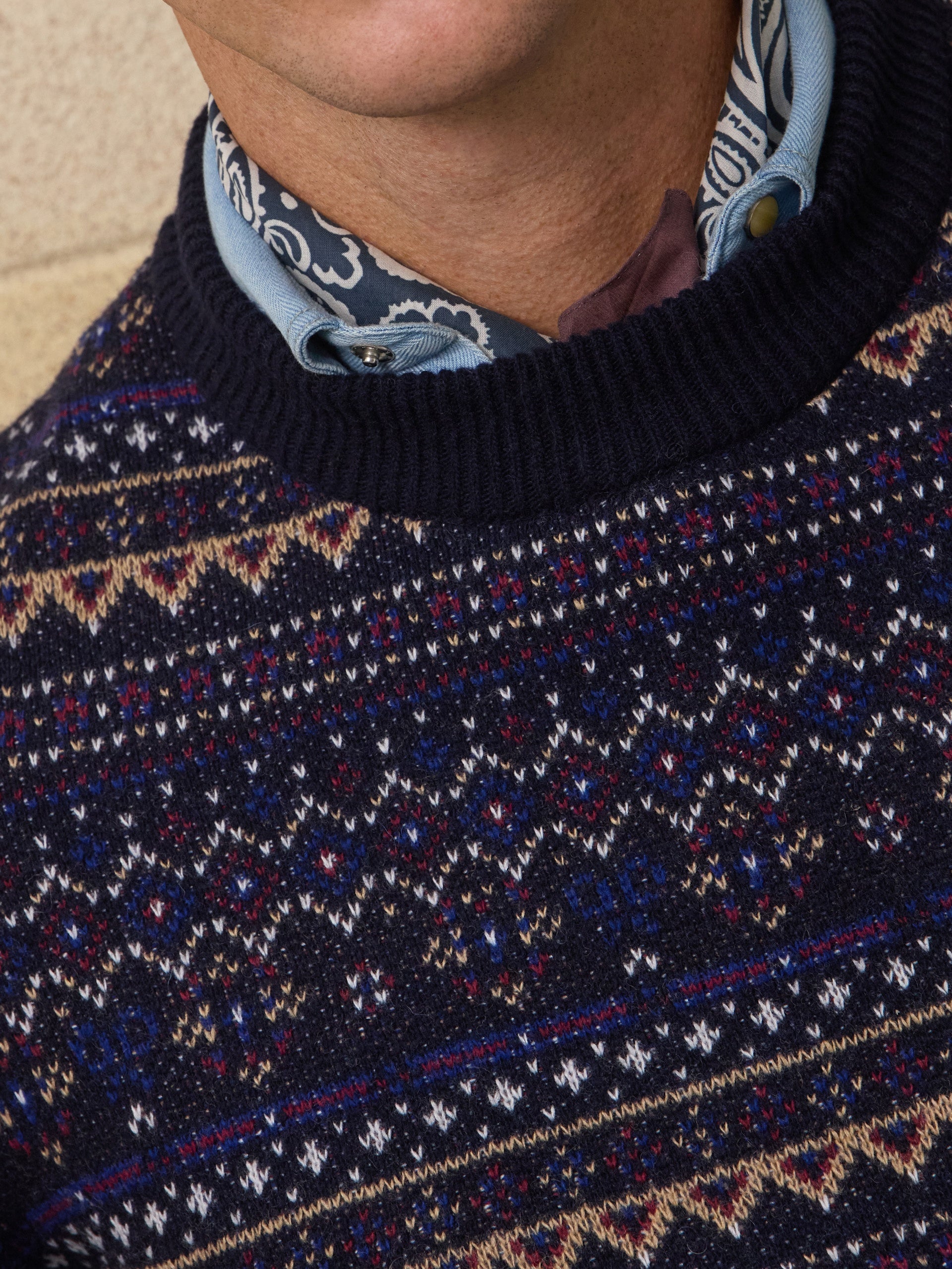 Unique navy blue jacquard sweater