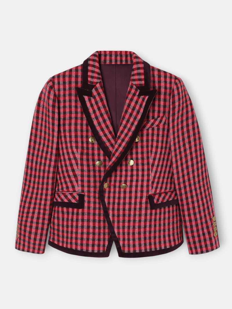Double-breasted blazer with velvet trim, pink gingham check