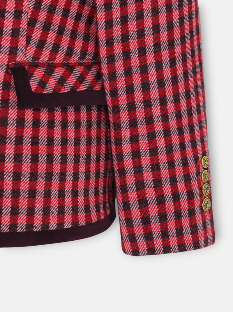 Double-breasted blazer with velvet trim, pink gingham check