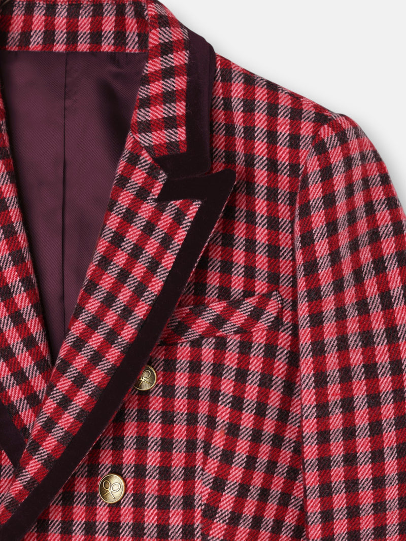Double-breasted blazer with velvet trim, pink gingham check