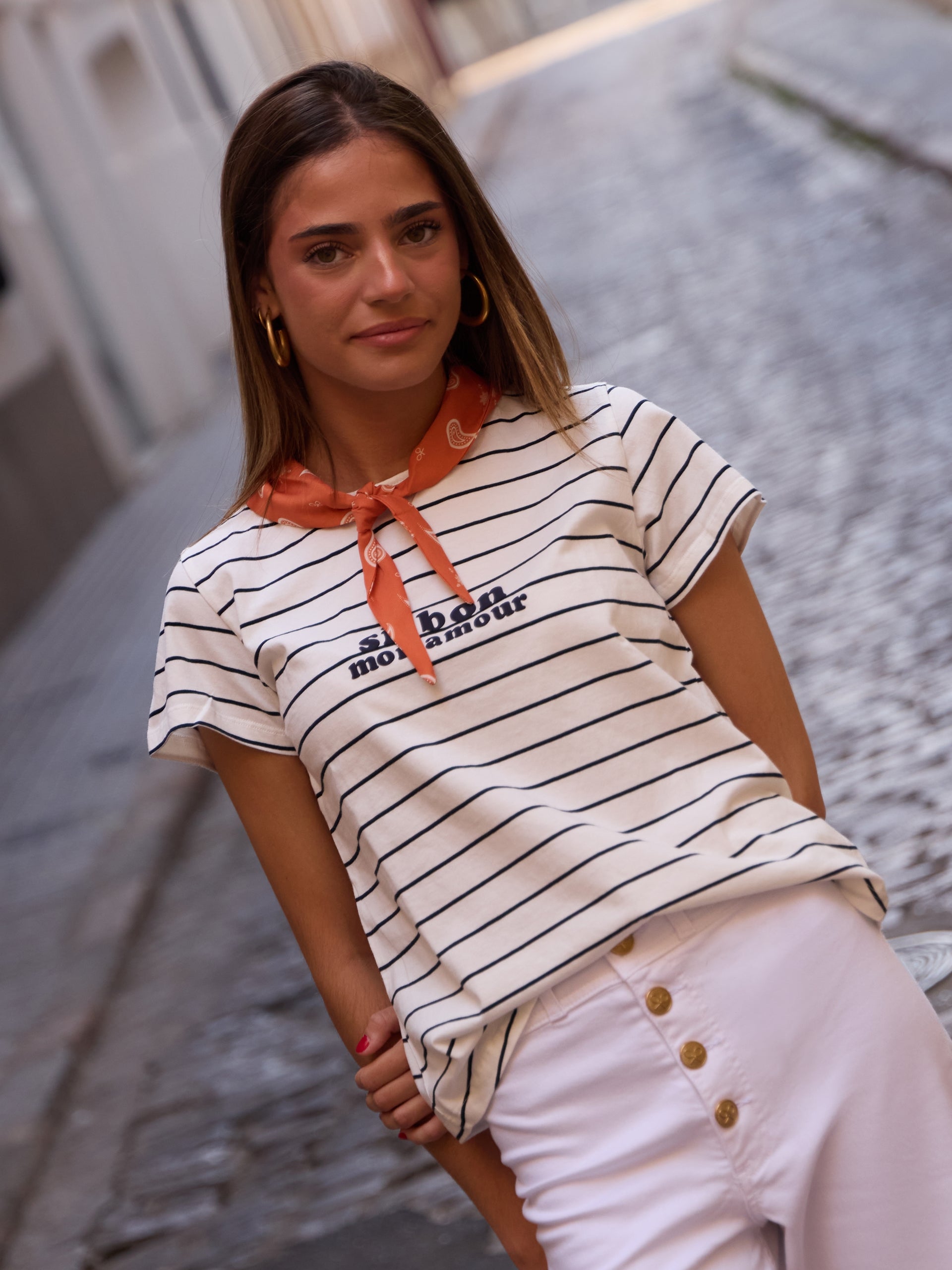 Women's T-shirt with Silbon blue bandana applique