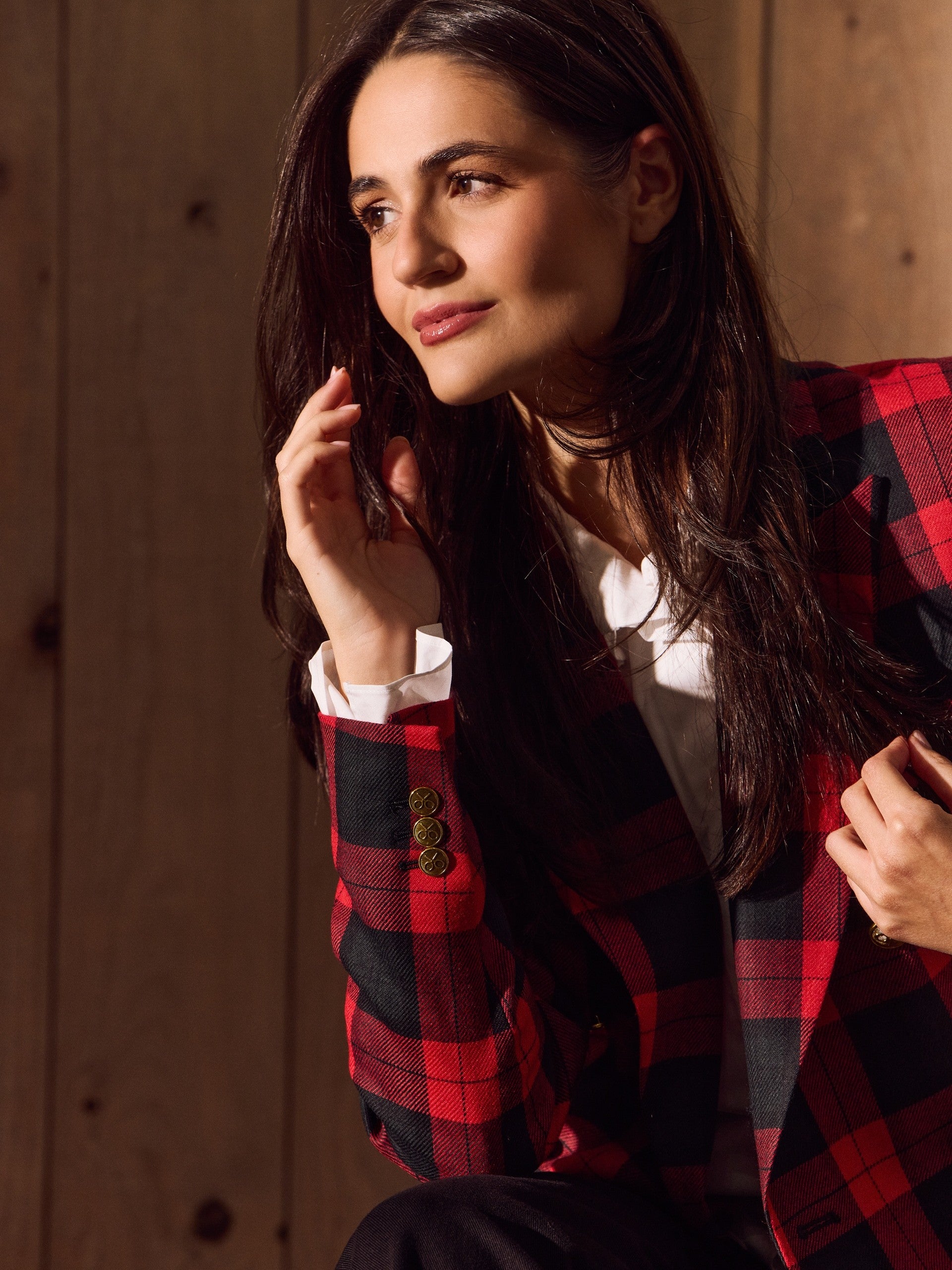 Blazer cruzado aos quadrados clássicos em bordô