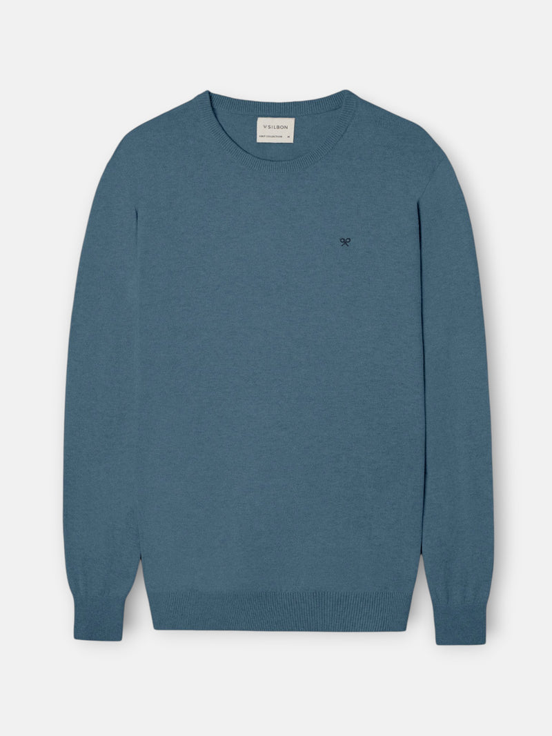 Pull col rond bleu gris