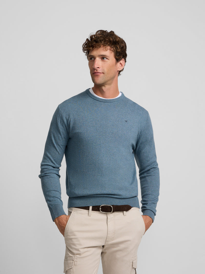 Pull col rond bleu gris