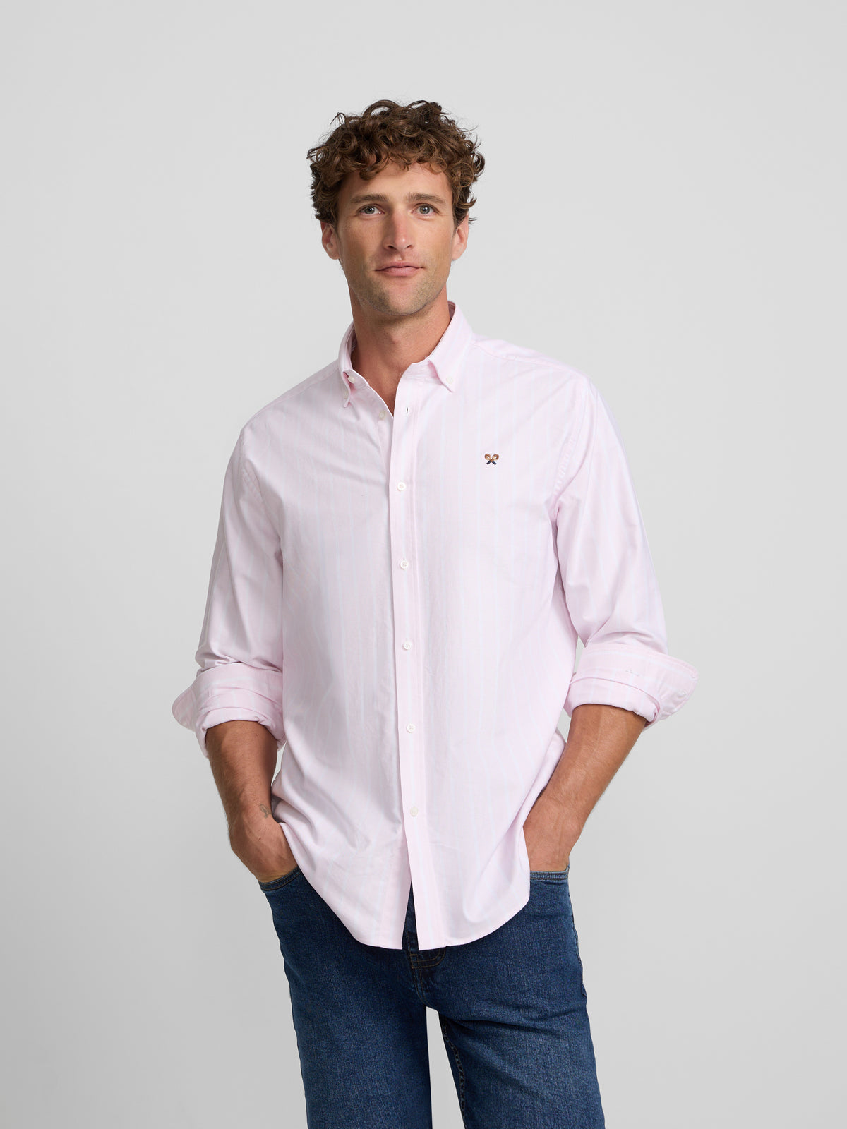 Wide stripe pink oxford sport shirt