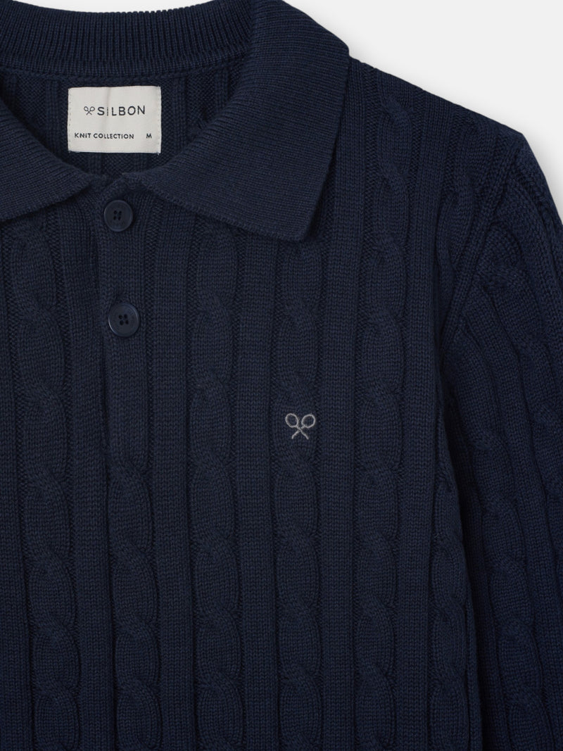 Pull col polo torsadé bleu marine
