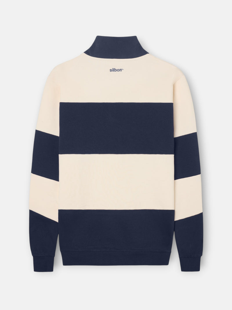 Navy blue half-zip sweatshirt with wide stripe