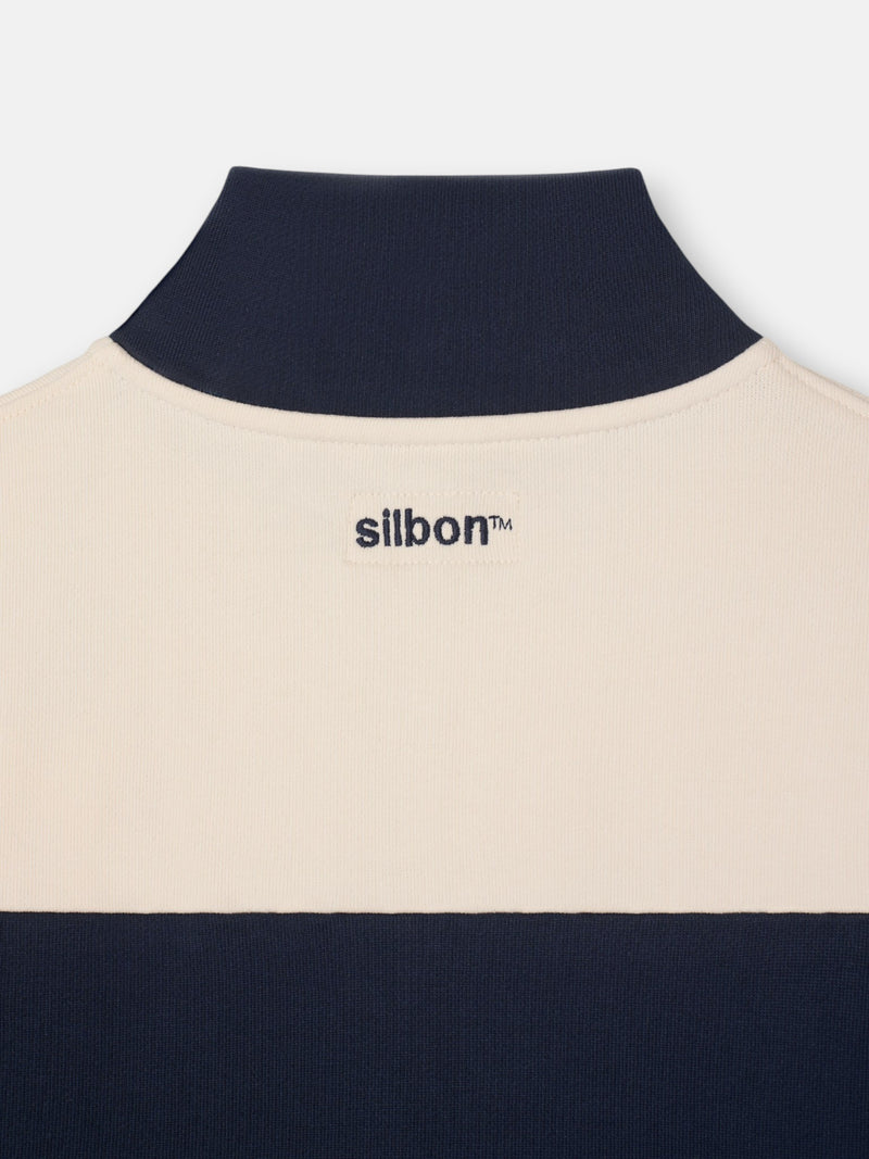 Navy blue half-zip sweatshirt with wide stripe