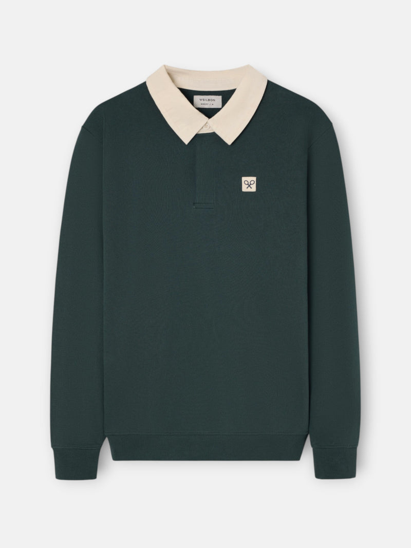 Sudadera cuello polo parche verde oscuro