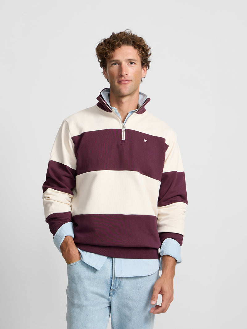 Sudadera media cremallera raya ancha burdeos