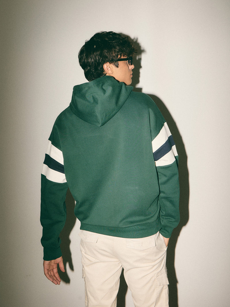 Sudadera capucha relaxed franjas verde oscuro