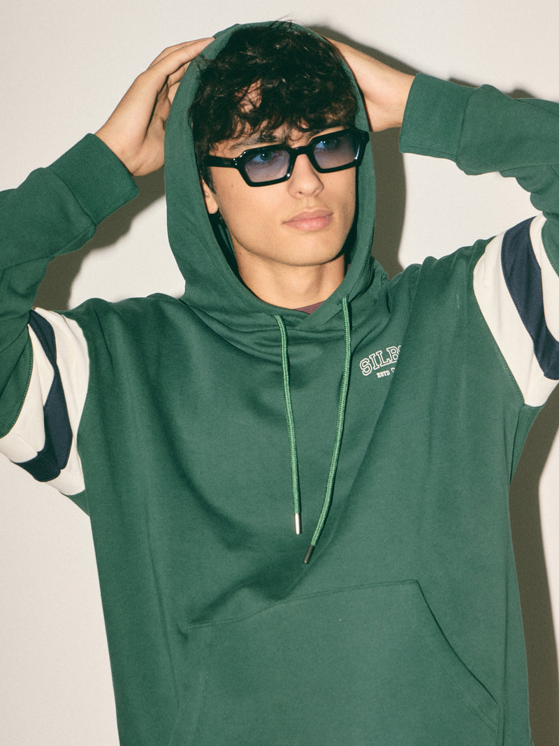 Sudadera capucha relaxed franjas verde oscuro