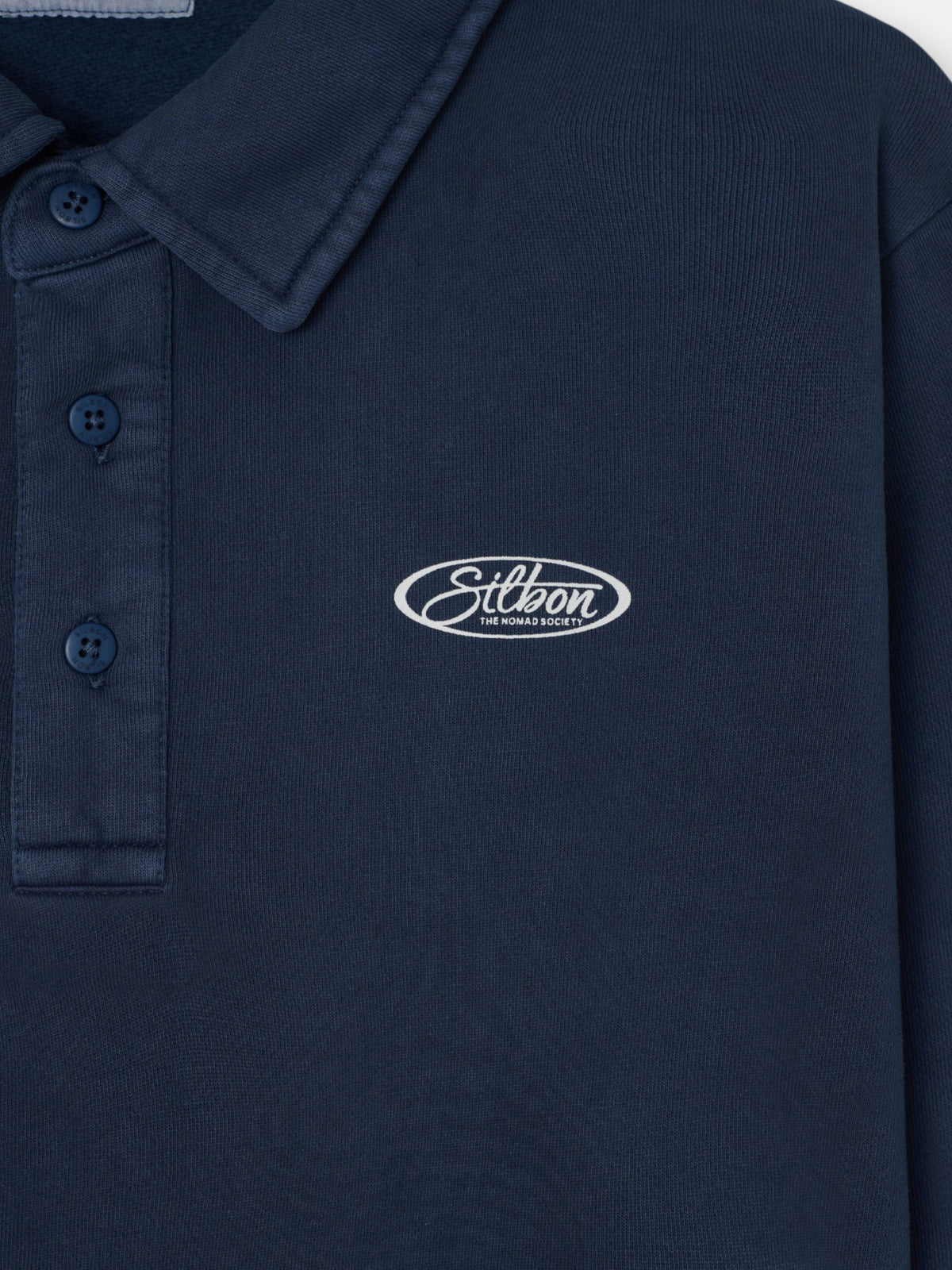 Worn navy blue polo neck sweatshirt