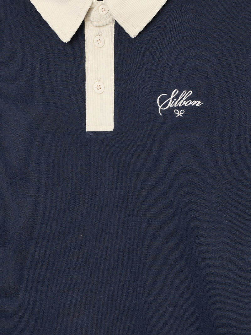 Navy blue sweatshirt with contrasting corduroy polo collar