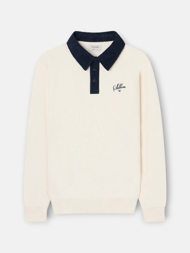 Cream sweatshirt with contrasting corduroy polo collar