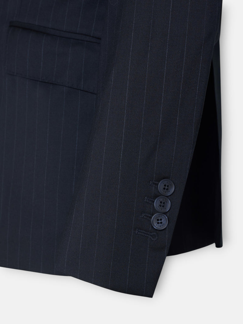 Navy blue pinstripe double-breasted suit jacket