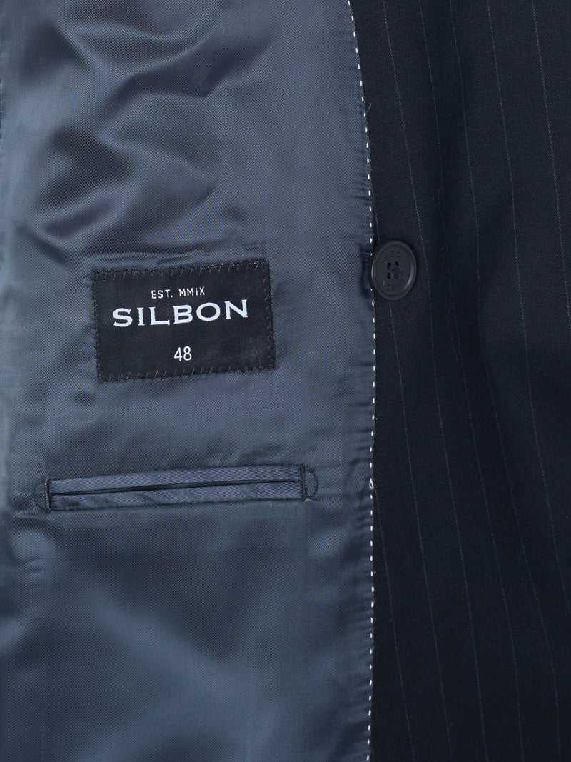 Navy blue pinstripe double-breasted suit jacket