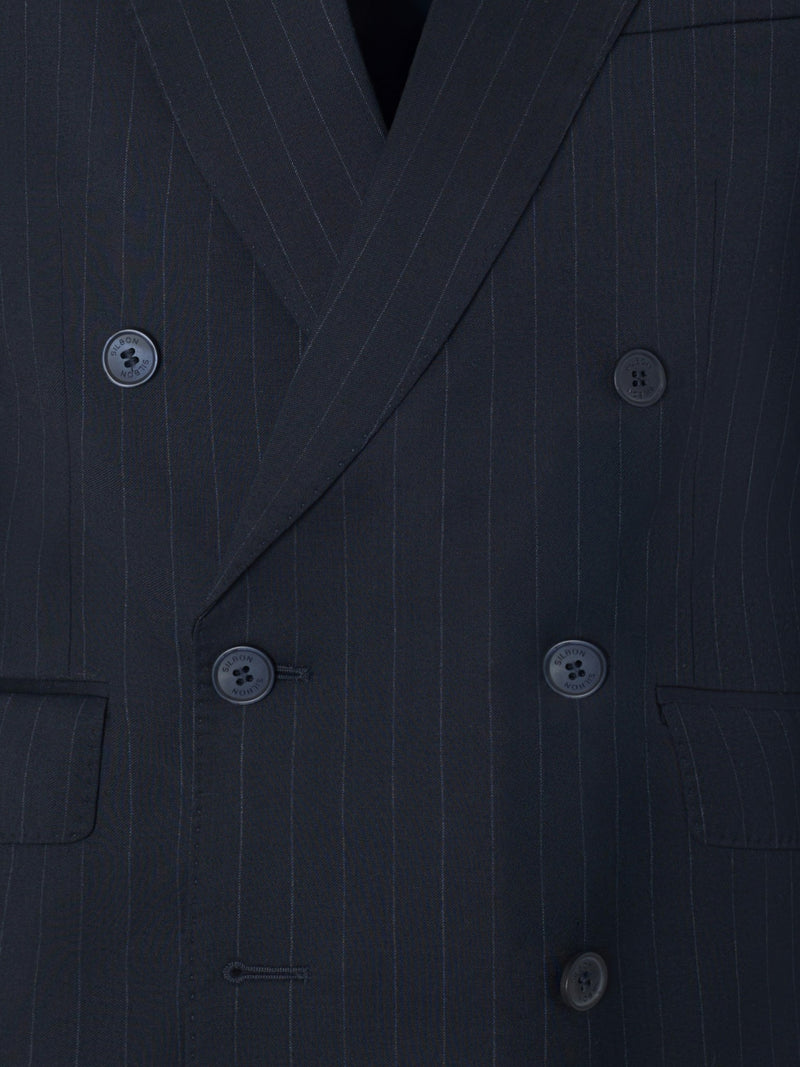 Navy blue pinstripe double-breasted suit jacket