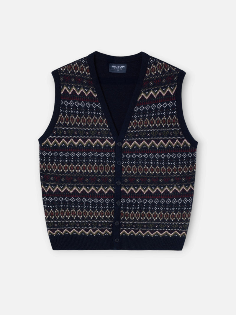 Colete de malha jacquard único azul-marinho