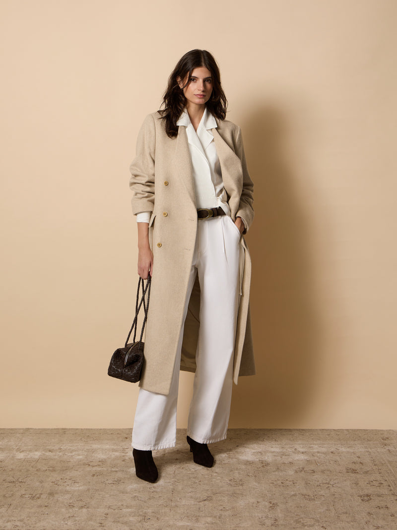 Long unique double-breasted beige coat