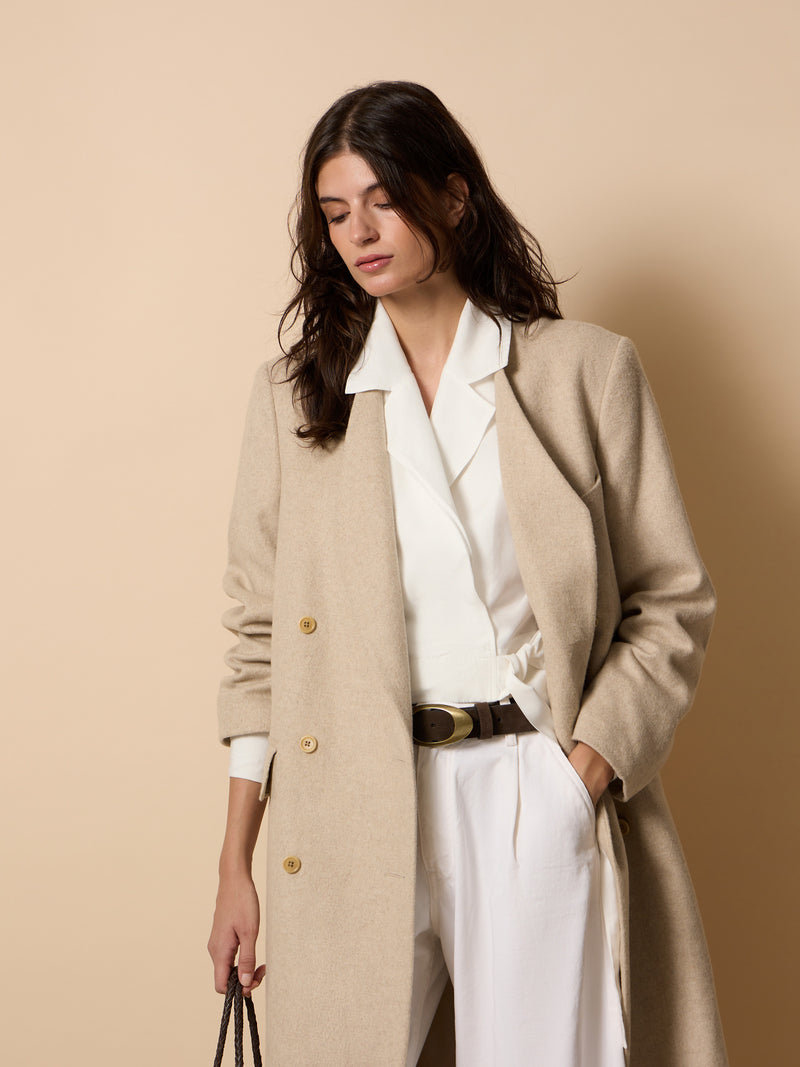 Long unique double-breasted beige coat