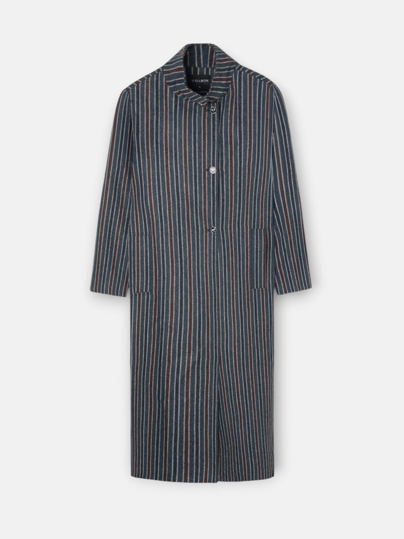 Long coat with funnel neck, blue stripes