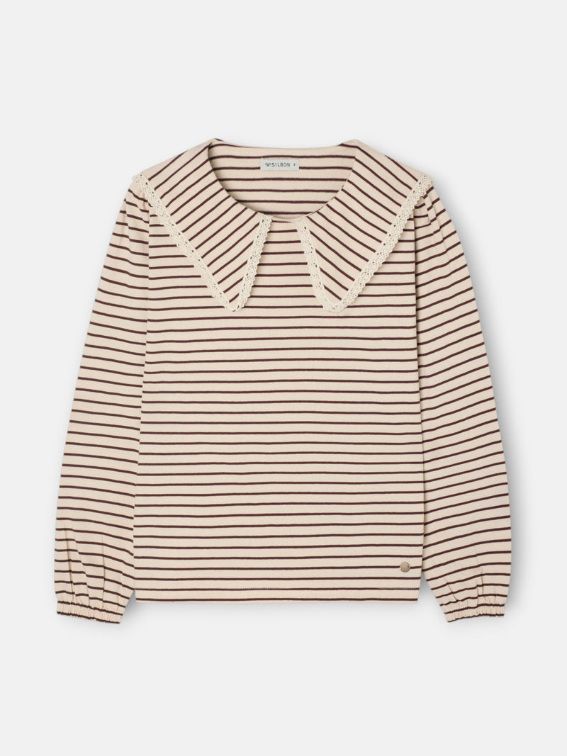 Camiseta manga larga cuello bobo rayas camel