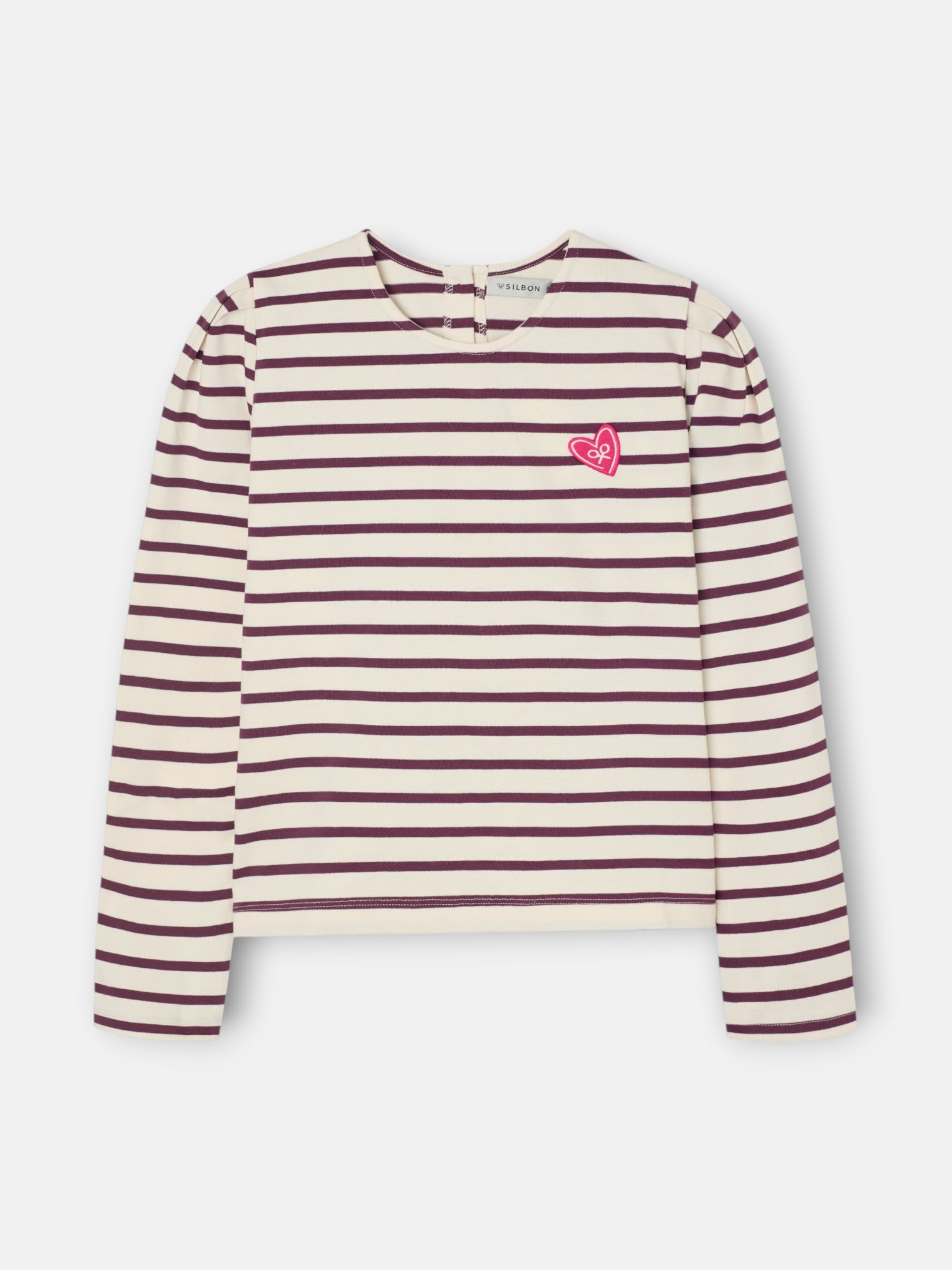 Camiseta woman manga larga abullonada rayas granate