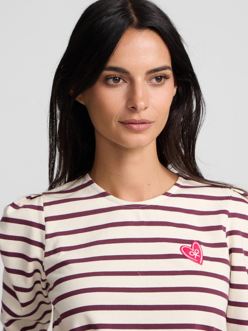Women's long-sleeve puffed striped t-shirt in burgundy