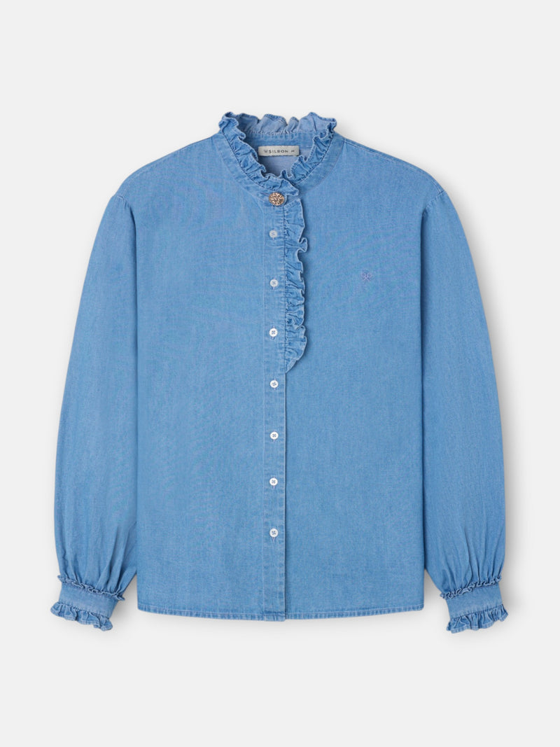 Camisa cuello volante detalle puño denim