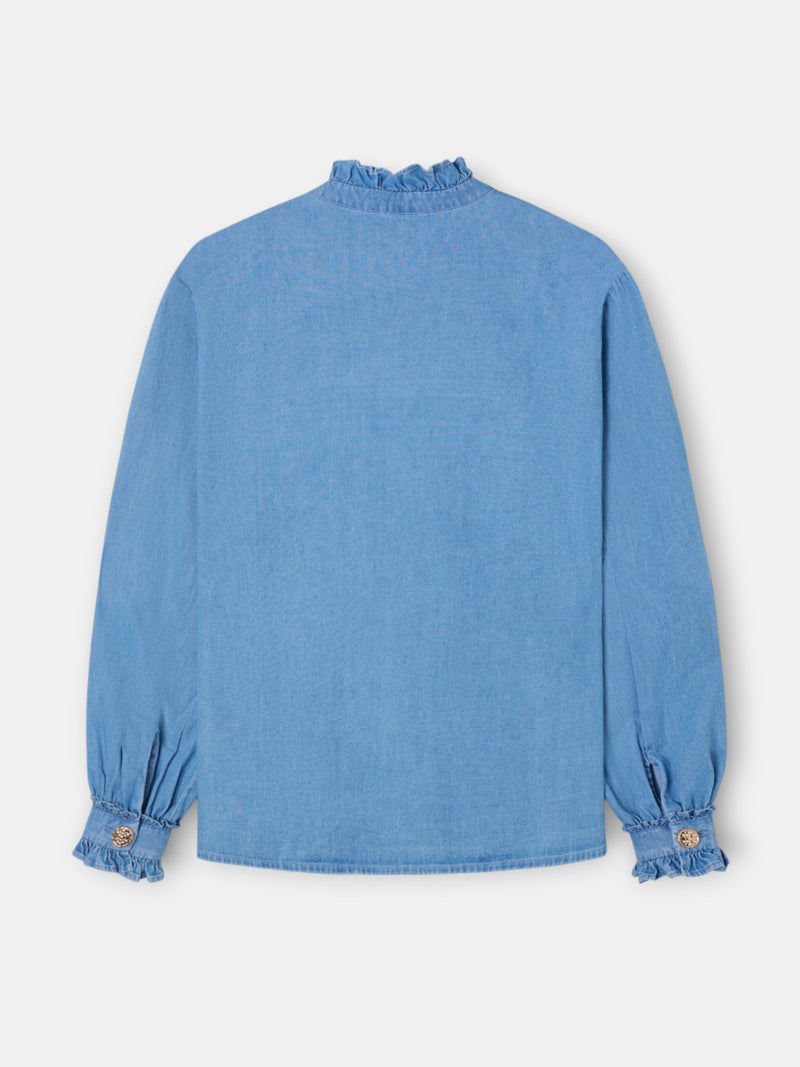 Camisa cuello volante detalle puño denim