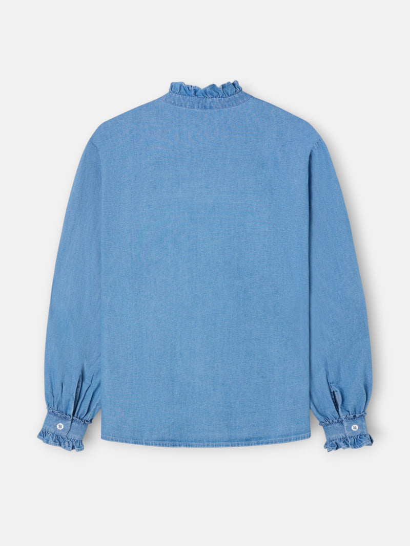 Denim shirt with ruffle collar and cuff detail