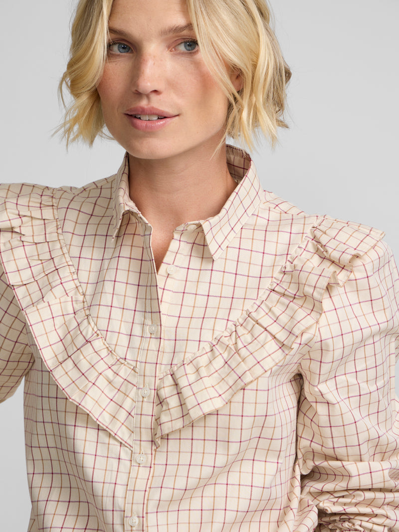 Camisa volantes cuadros beige