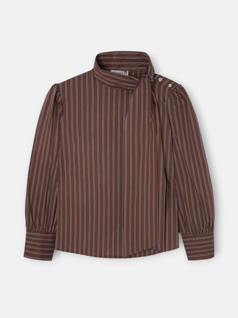 Camisa cuello alto lazada rayas marron