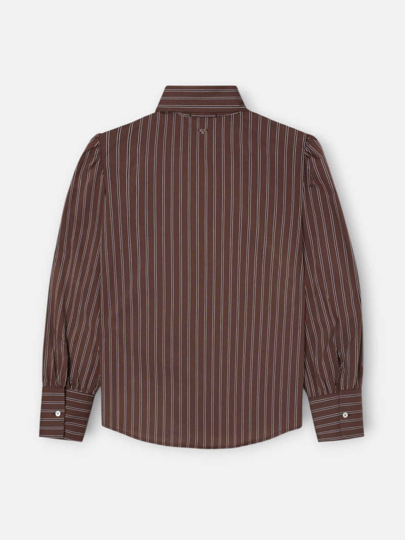 Camisa cuello alto lazada rayas marron