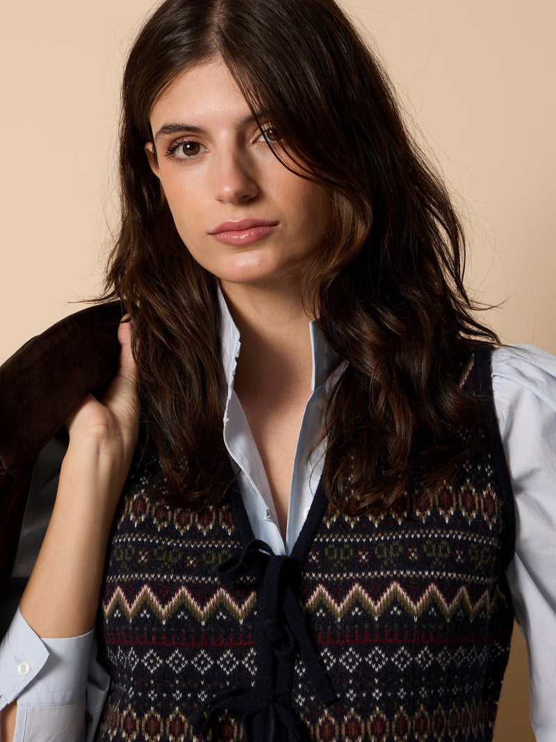 Colete único em malha jacquard com laços azul-marinho