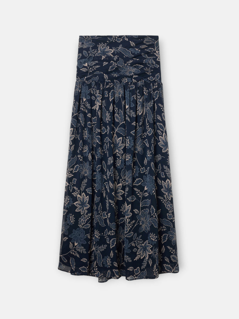 Long skirt with gathered waist and blue floral print