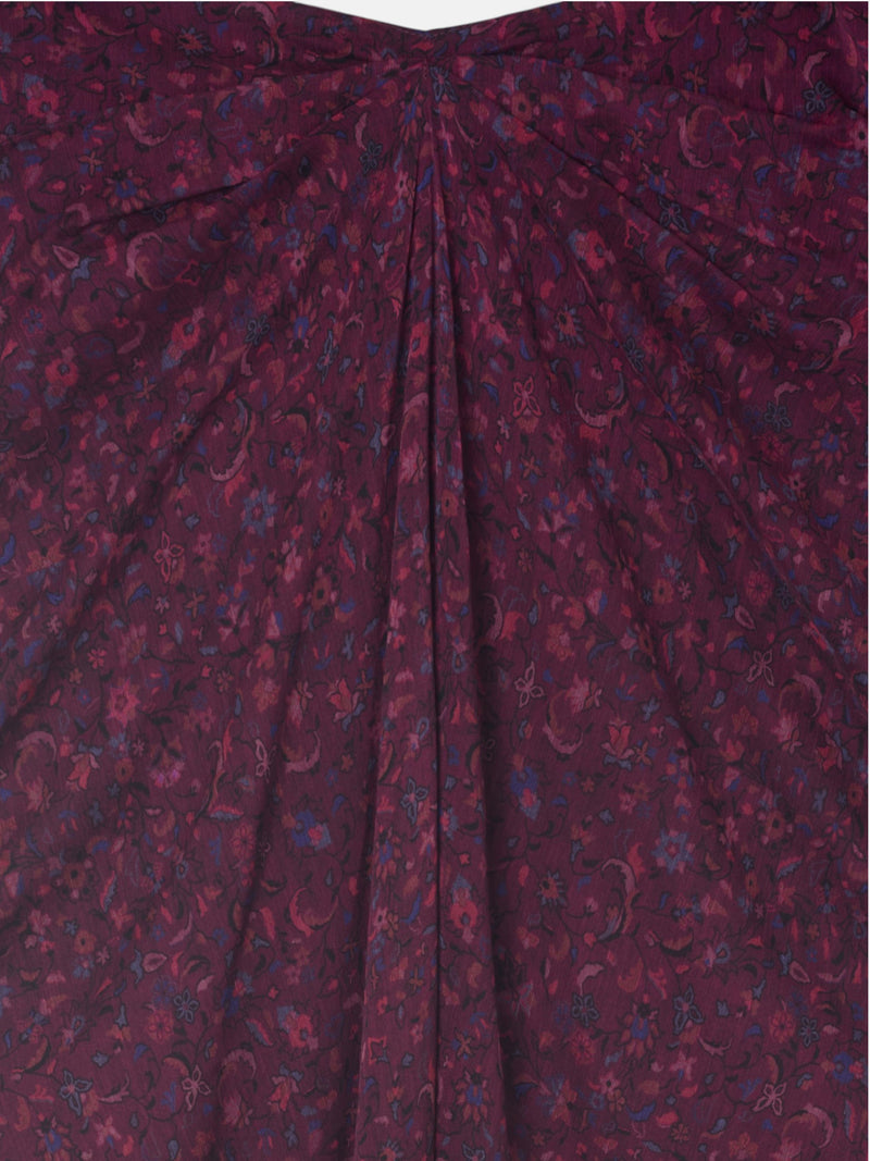 Saia midi com drapeado central flores grená
