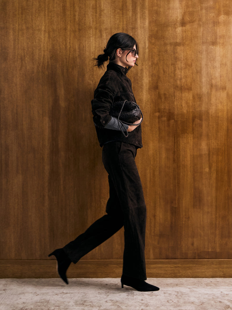 Pantalon piel ante pinzas marron