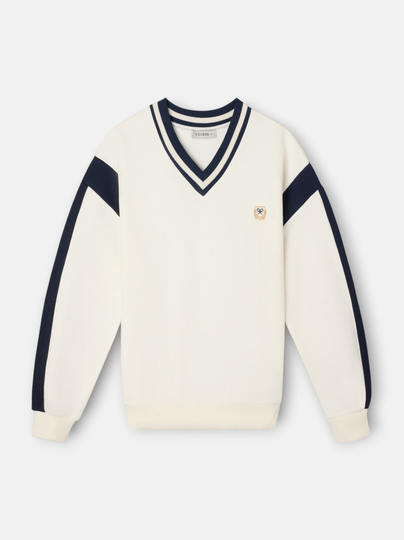 Sudadera woman cuello pico varsity crudo
