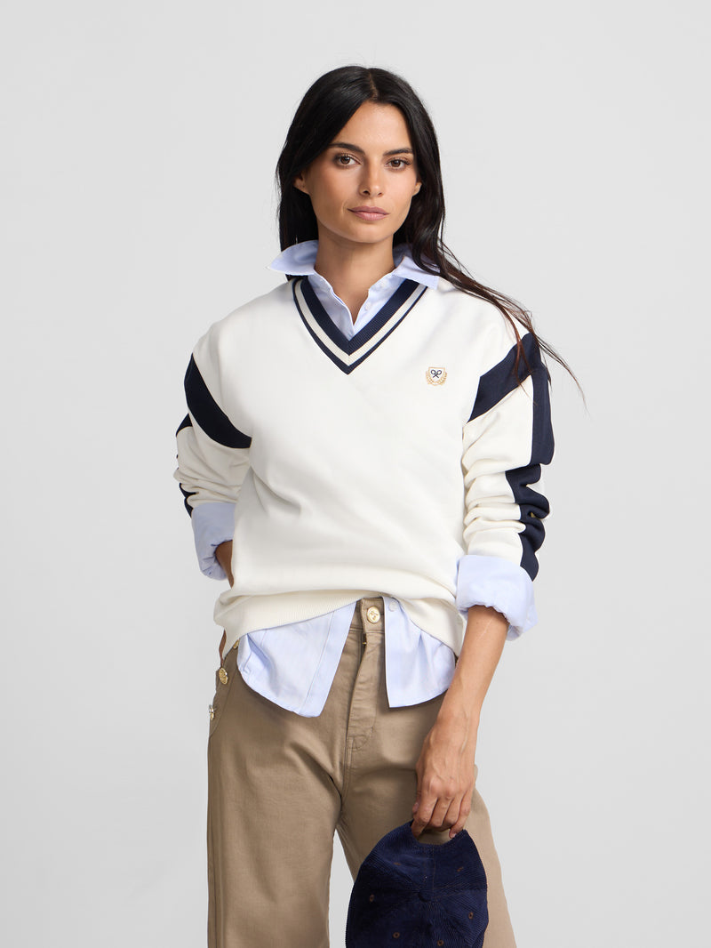 Sudadera woman cuello pico varsity crudo