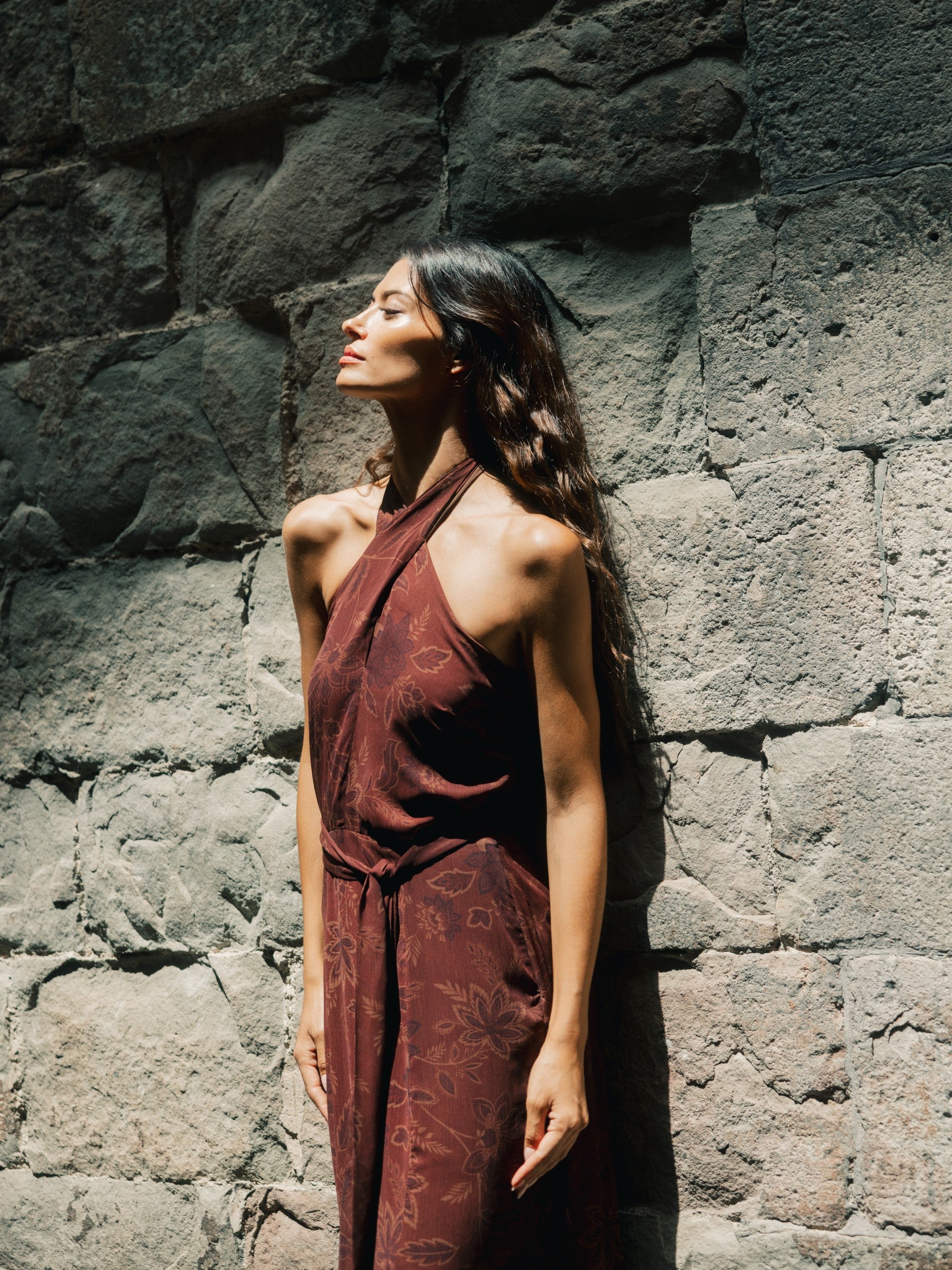 Brown printed halter neck dress