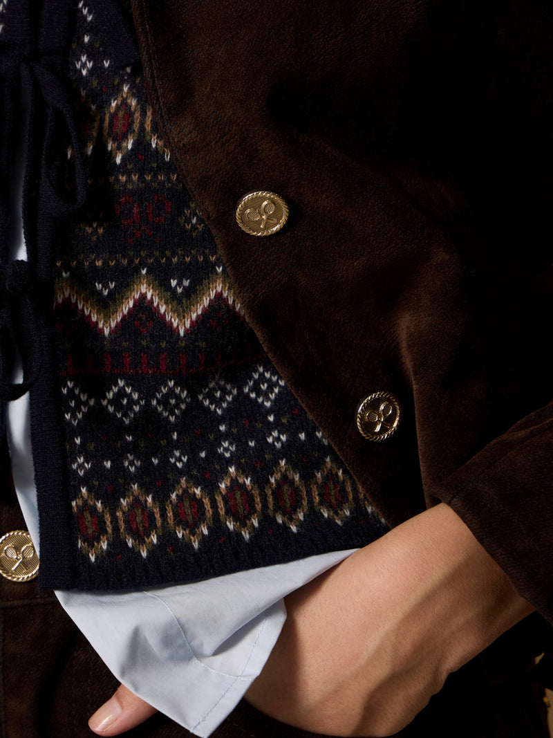 Unique cropped brown flocked blazer