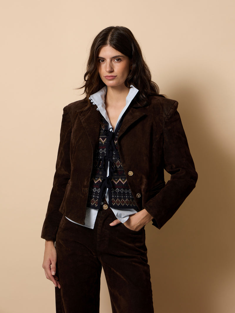 Unique cropped brown flocked blazer