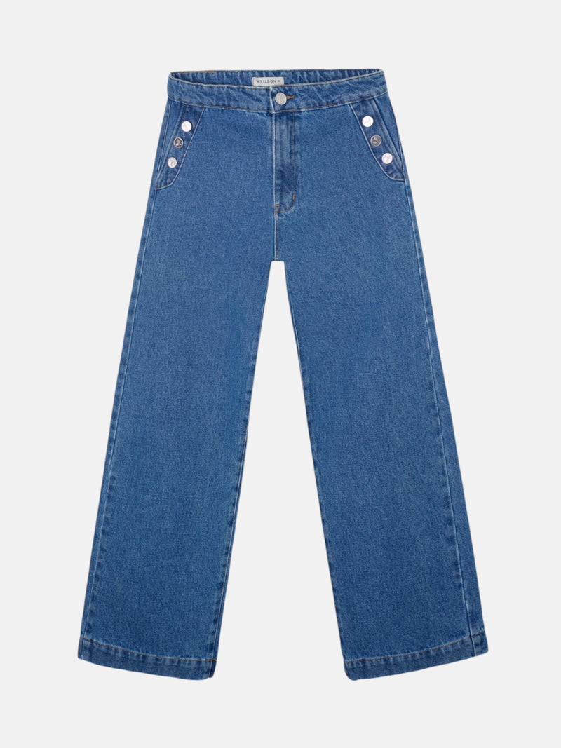Calças culotte marinheiro denim azul