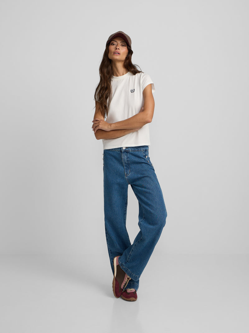 Calças culotte marinheiro denim azul