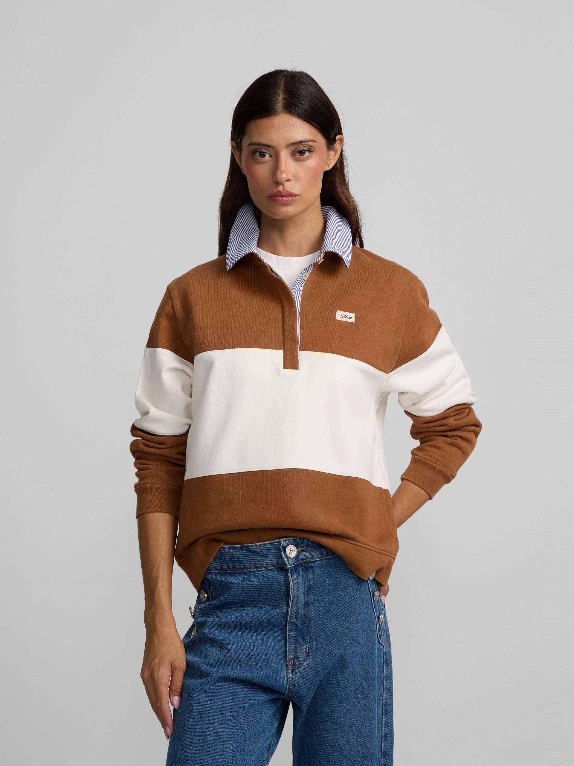 Sudadera woman cuello polo rayas camel
