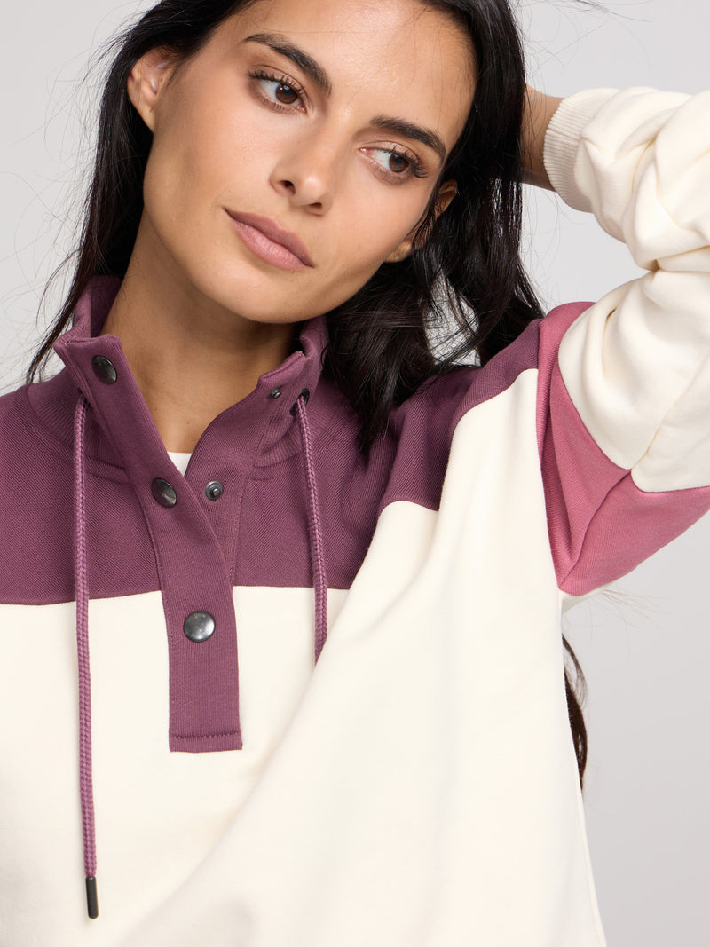 Sudadera woman tricolor cuello botones rosa y crudo