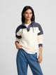 Sweatshirt mulher tricolor gola com botões azul-marinho e cru