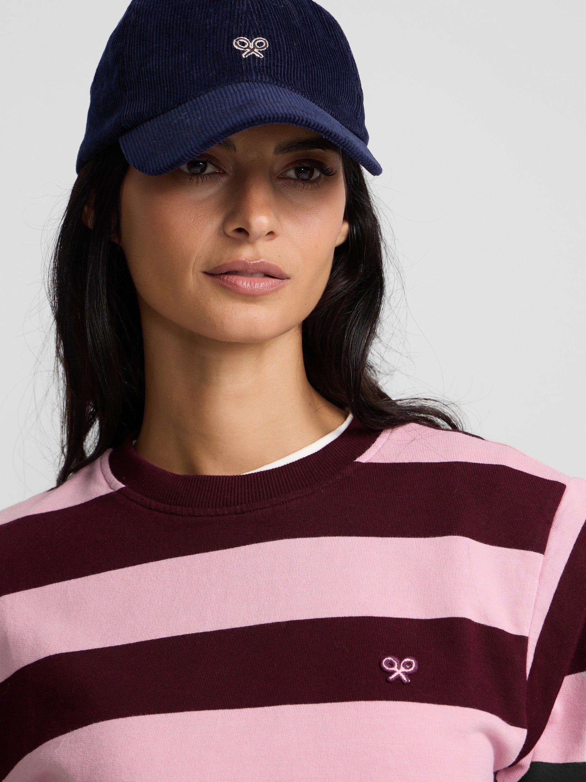 Sweat-shirt à épaulettes rayé rose et bordeaux